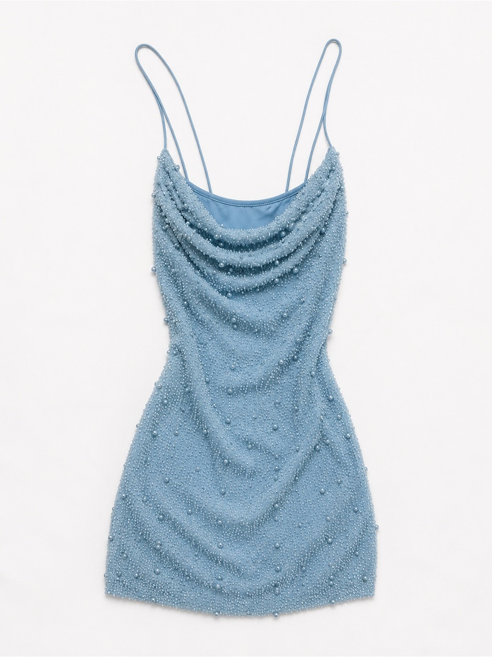 Oh Polly Light Blue Pearl Cowl Neck Beaded Mini Dress Size 4 - Picture 3 of 6